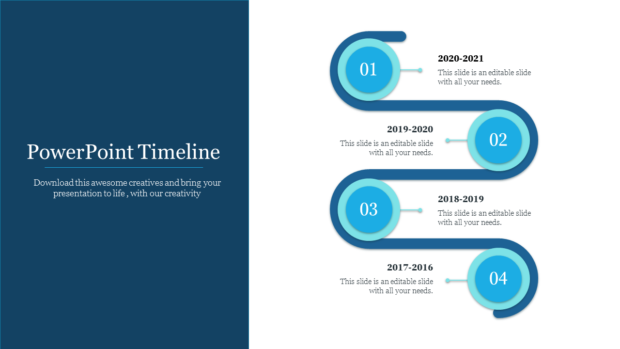 Timeline PowerPoint slide with blue circles and text sections for different years with placeholder text.