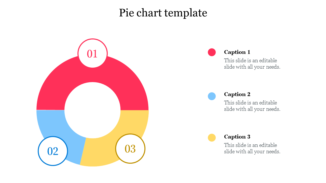 A pie chart template with three colored sections labeled 01, 02, and 03, each with matching captions.