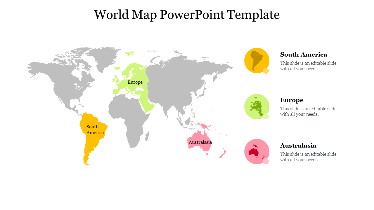 World map with regions highlighted in yellow, green, and pink, representing South America, Europe, and Australia with text.