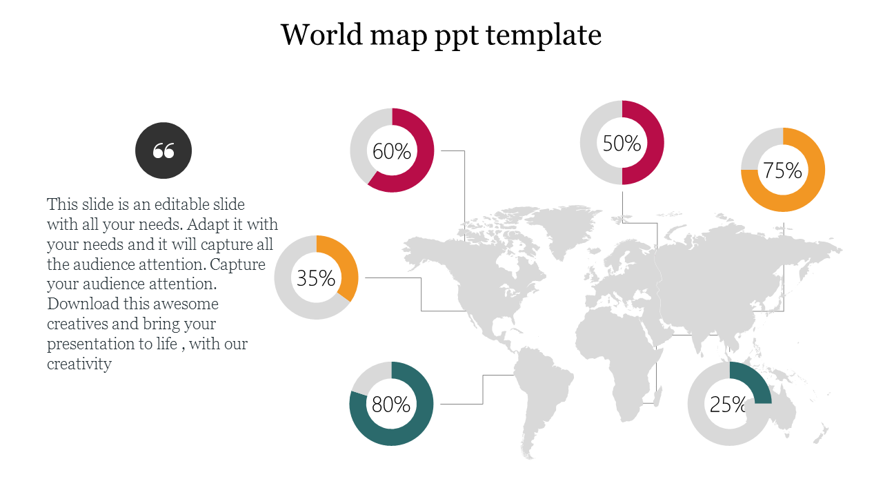  World map with linked circular charts showing varying percentage figures, placed around different regions.