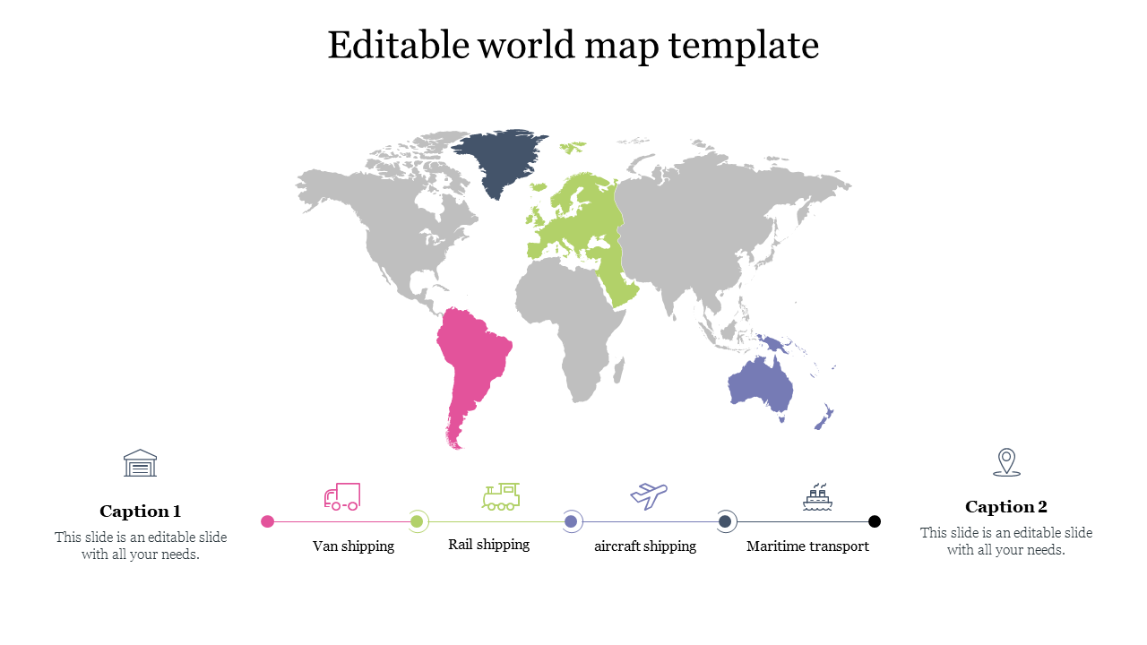 World map template showcasing different regions highlighted in various colors, with shipping modes illustrated below.