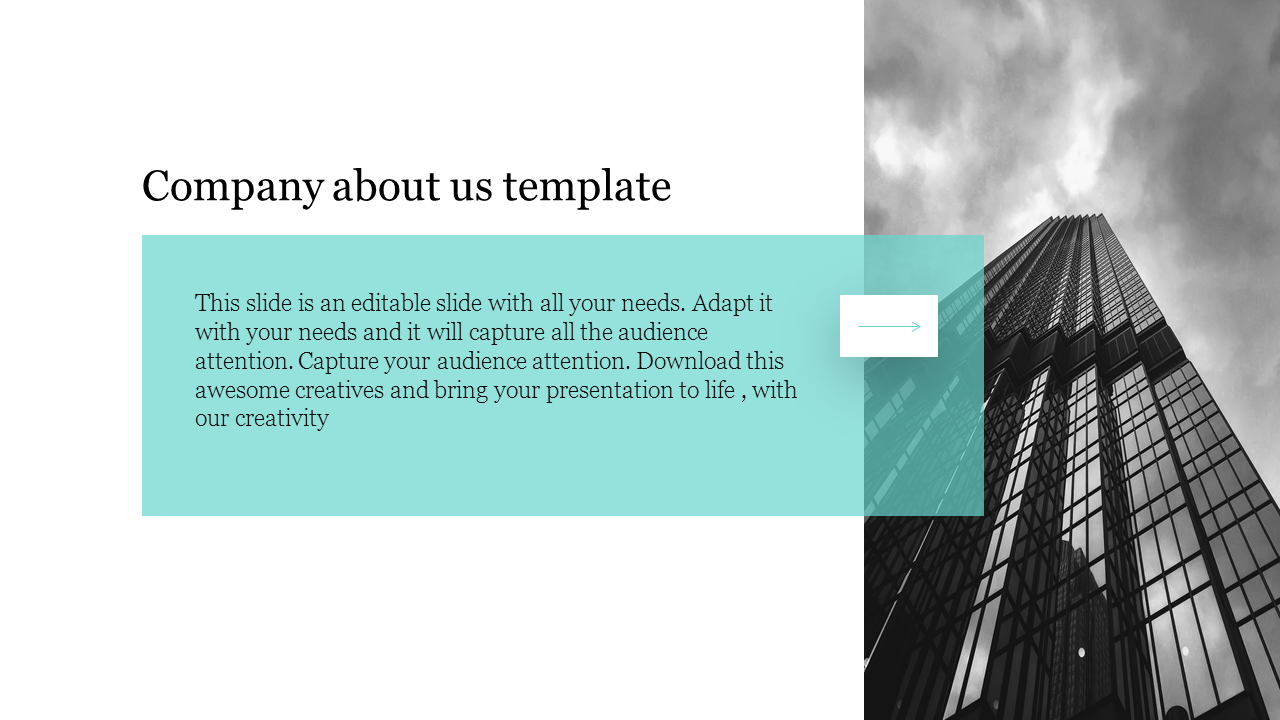 Comapny about us template with a black and white skyscraper image and a green transparent text box overlay.