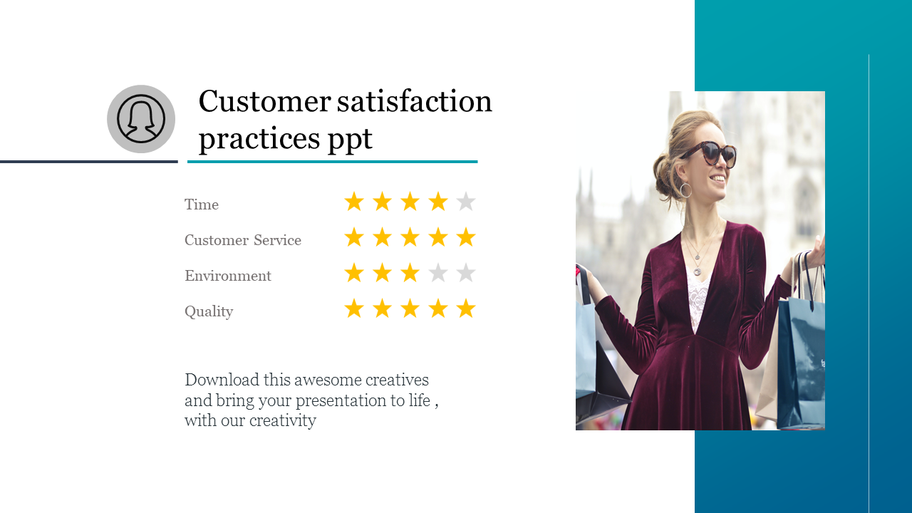 Customer satisfaction slide with star ratings and a smiling woman holding shopping bags with blue right panel.