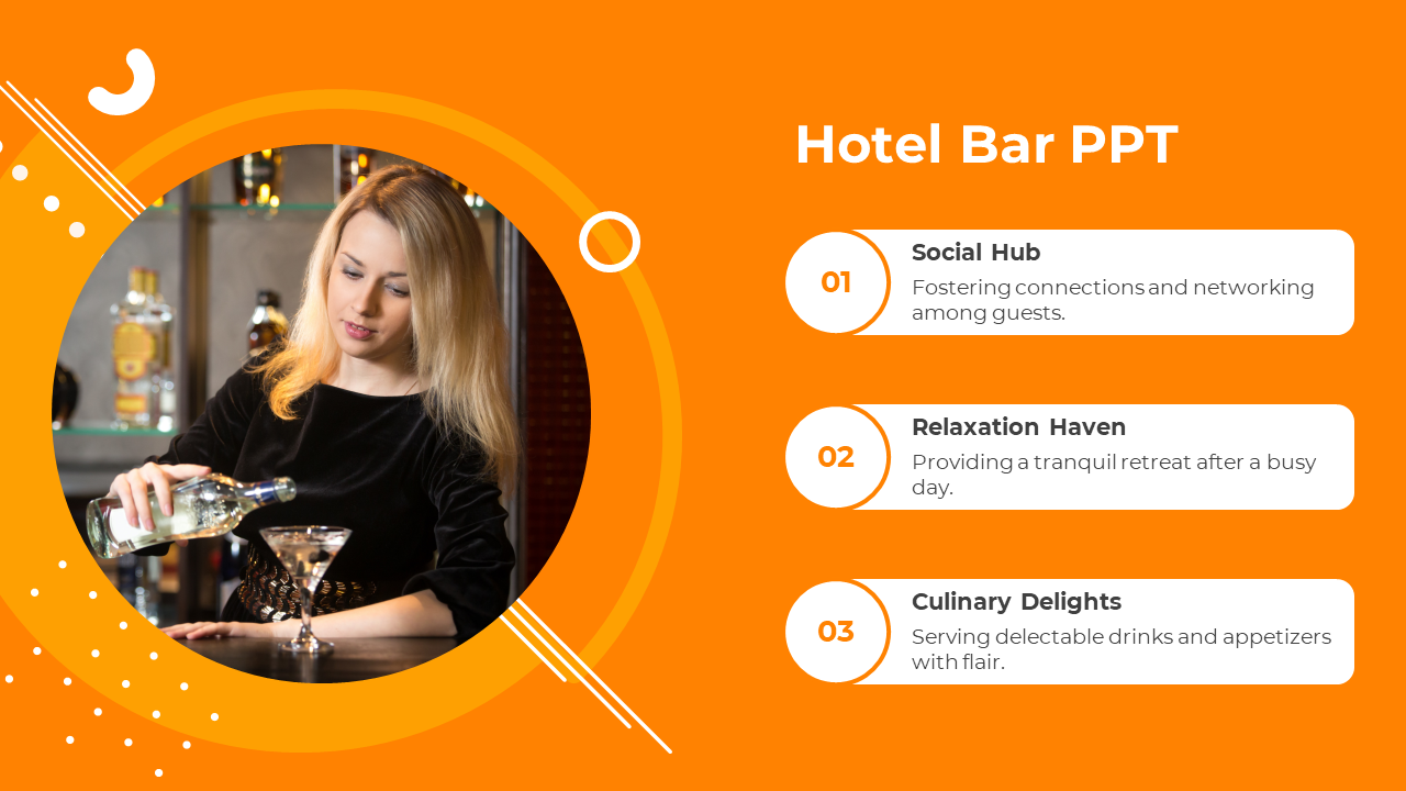 Hotel bar slide with an orange theme featuring bartender and three key points from social hub to culinary delights.