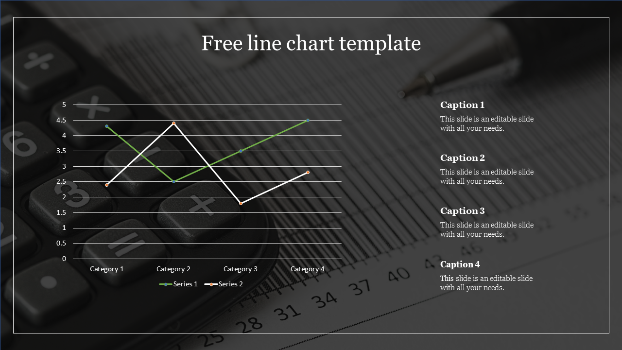 Line chart template with two data series on a dark background, featuring a calculator and pen in the background.