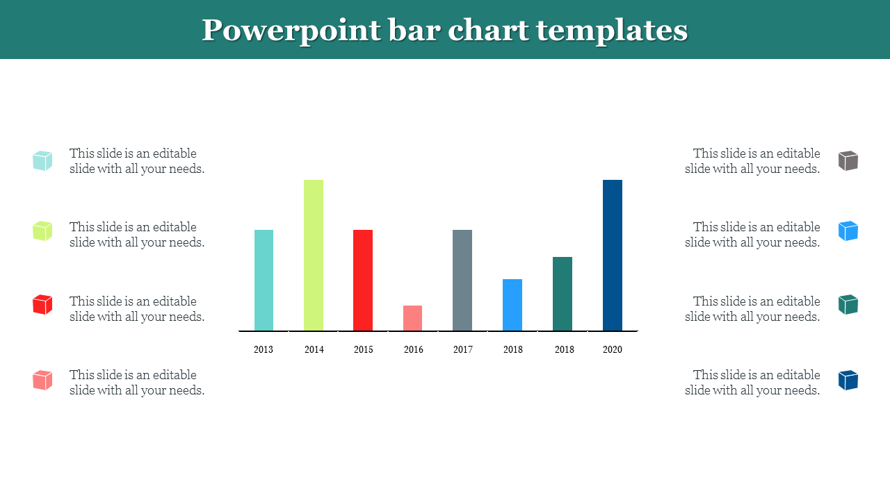 Chart with colorful bars representing yearly data from 2013 to 2020, paired with eight colorful cube icons on the sides.