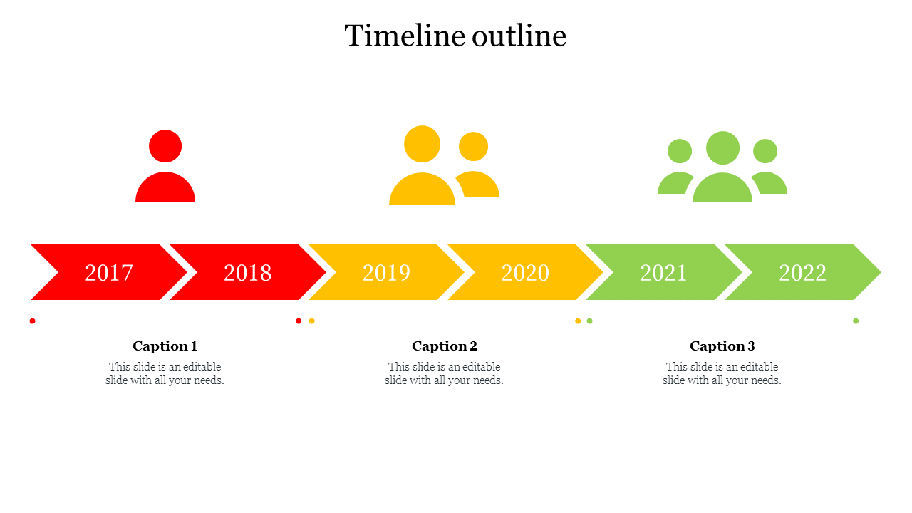 Colorful timeline outlines slide showcasing 2017 to 2022 with captions for each milestone.