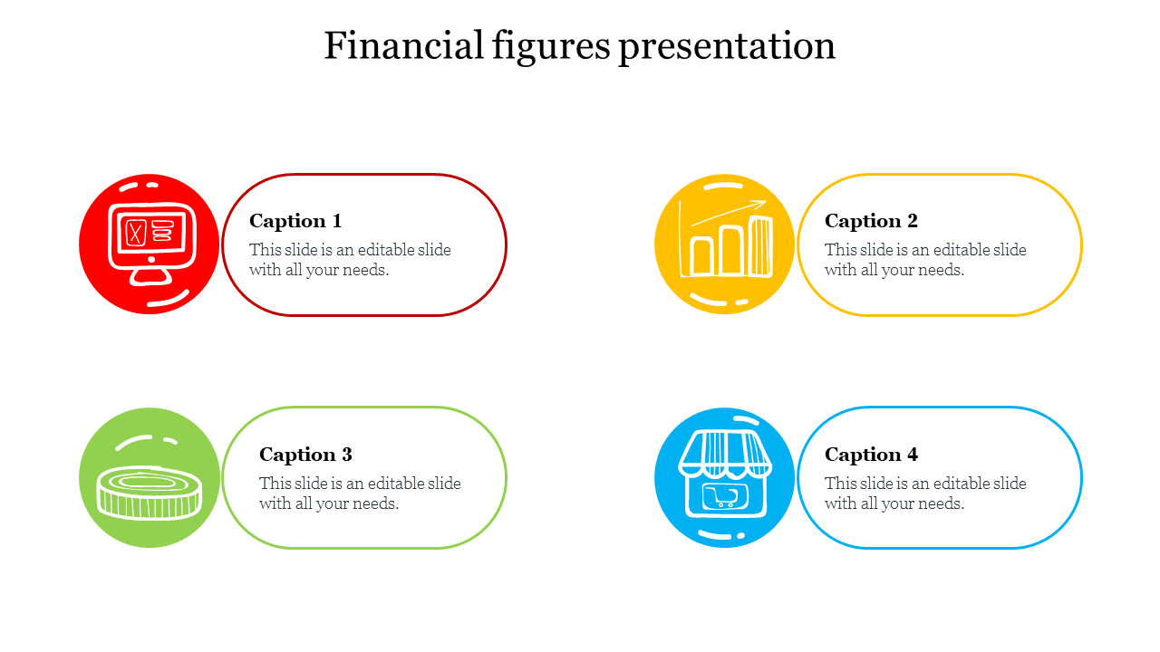 Financial figures slide featuring four colorful sections with icons and placeholders for captions.