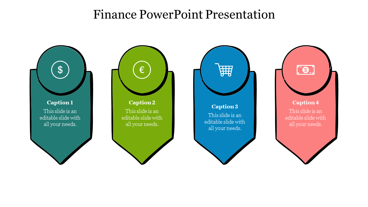 Finance PowerPoint template with four colored sections, each featuring an icon for money, shopping, and financial symbols.