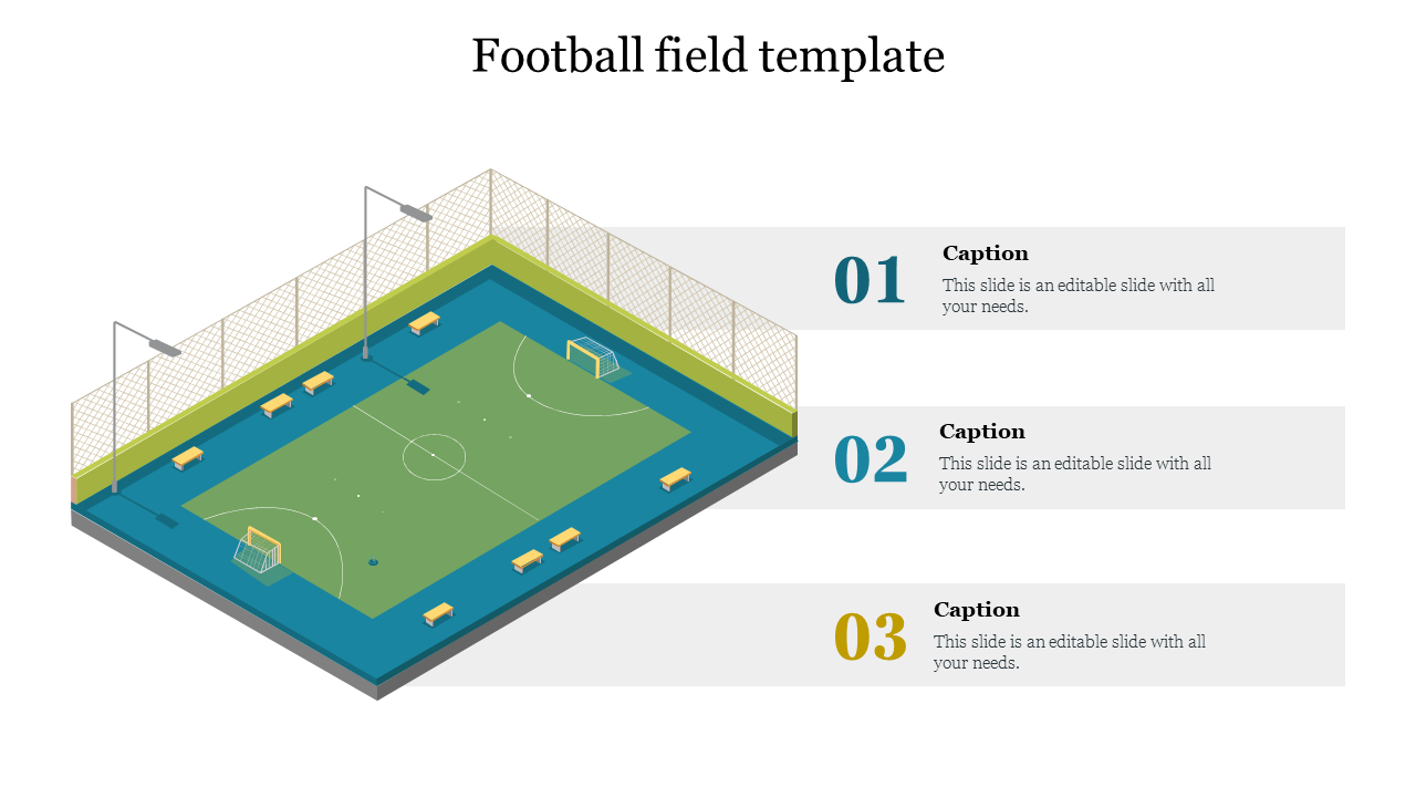 3D isometric view of a football field slide with three numbered captions for placeholder text.