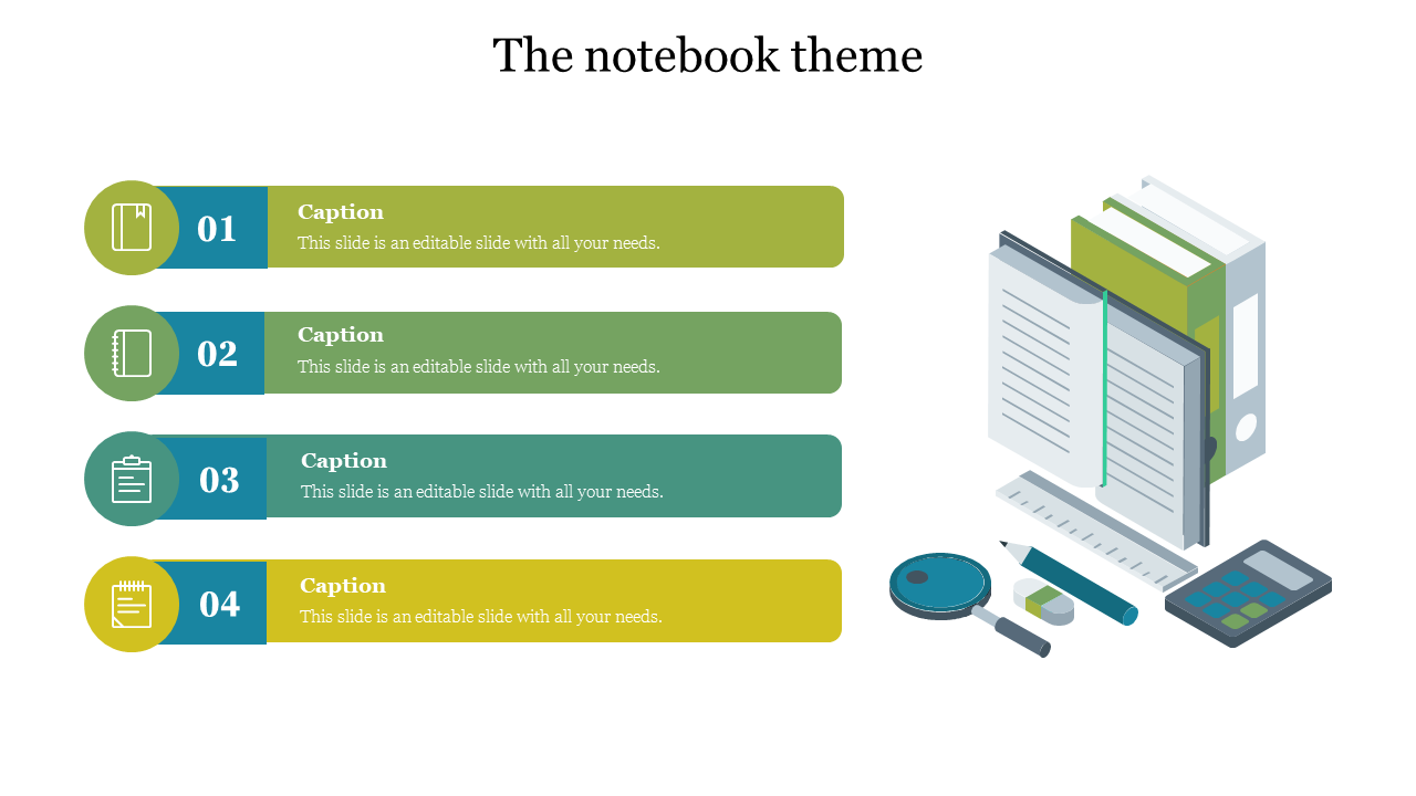 Illustration of notebooks, files, and office stationery beside four caption sections with green and blue backgrounds.