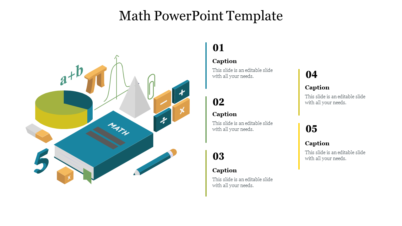 Math PowerPoint template with an illustration of a math book, shapes, numbers, and mathematical symbols with captions.