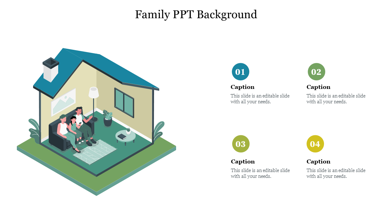 Illustrated family sitting together in a cozy living room, with captions numbered 1 to 4 for text.