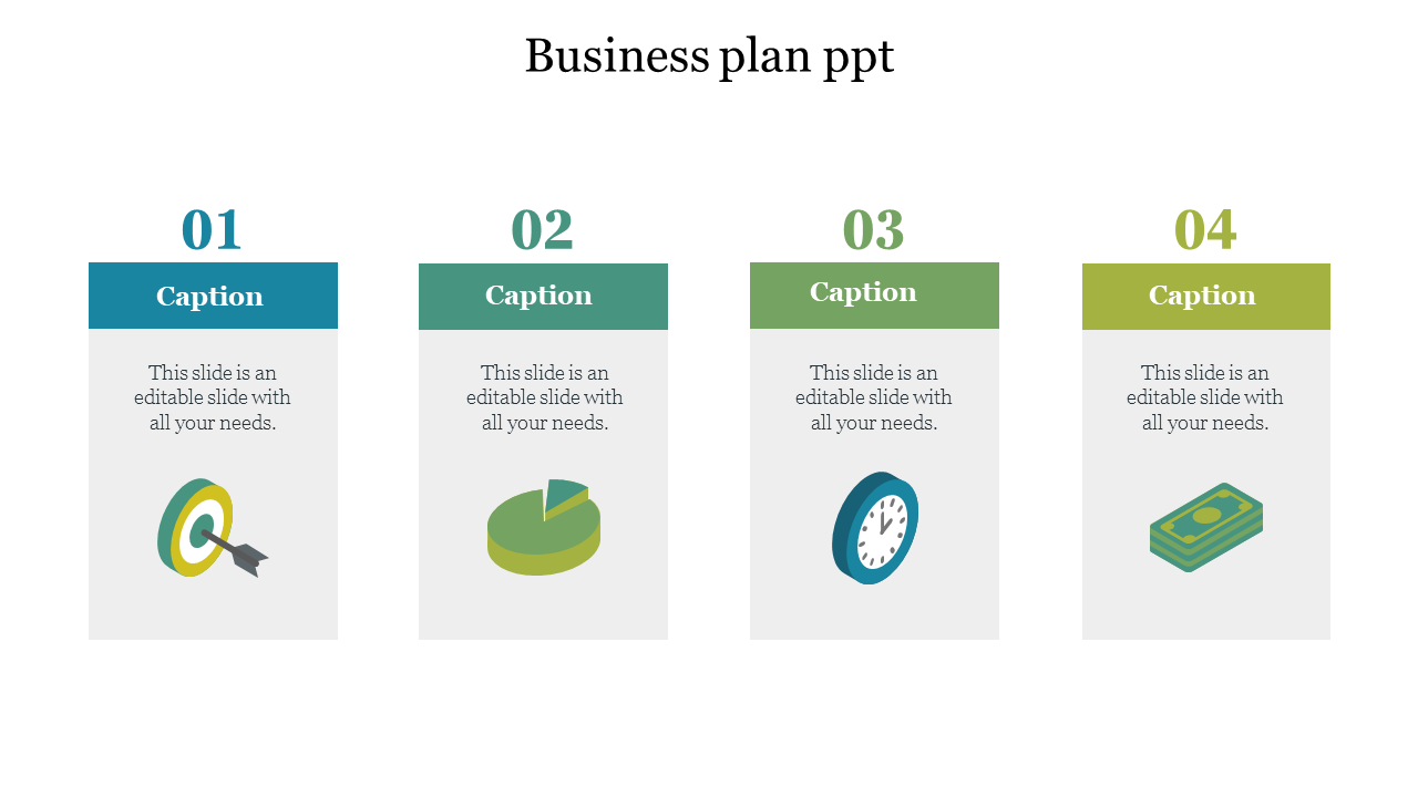 Business plan PowerPoint slide with four numbered sections, each with an icon and captions.