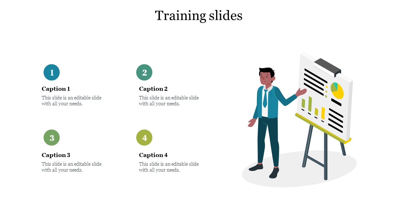 Training slide featuring four colored numbered captions on the left and a man pointing to a flipchart with graphs.