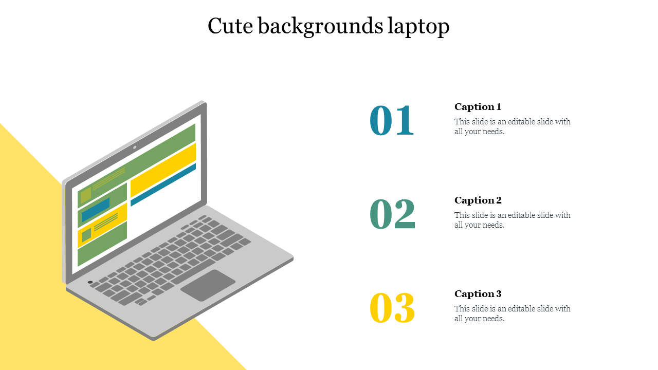 Laptop illustration with a cute yellow accent on the left, showing a colorful screen layout, and three placeholder text.