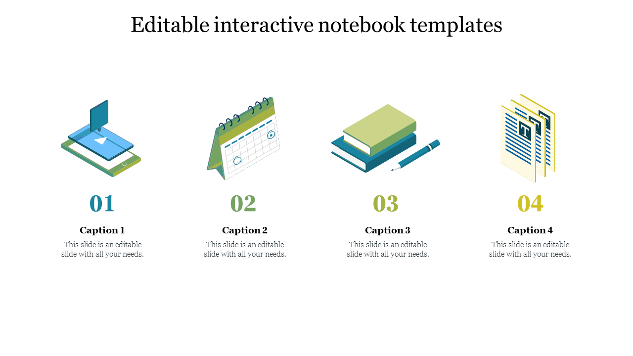 Interactive notebook slide with four icons representing a tablet, calendar, books, and document files, each with captions.