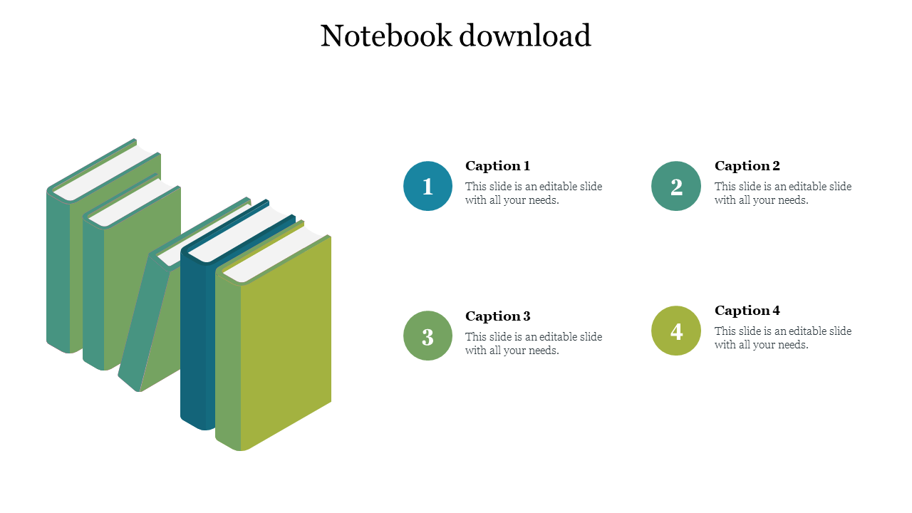 Illustration of green books with four numbered captions in circles on the right, labeled from 1 to 4.