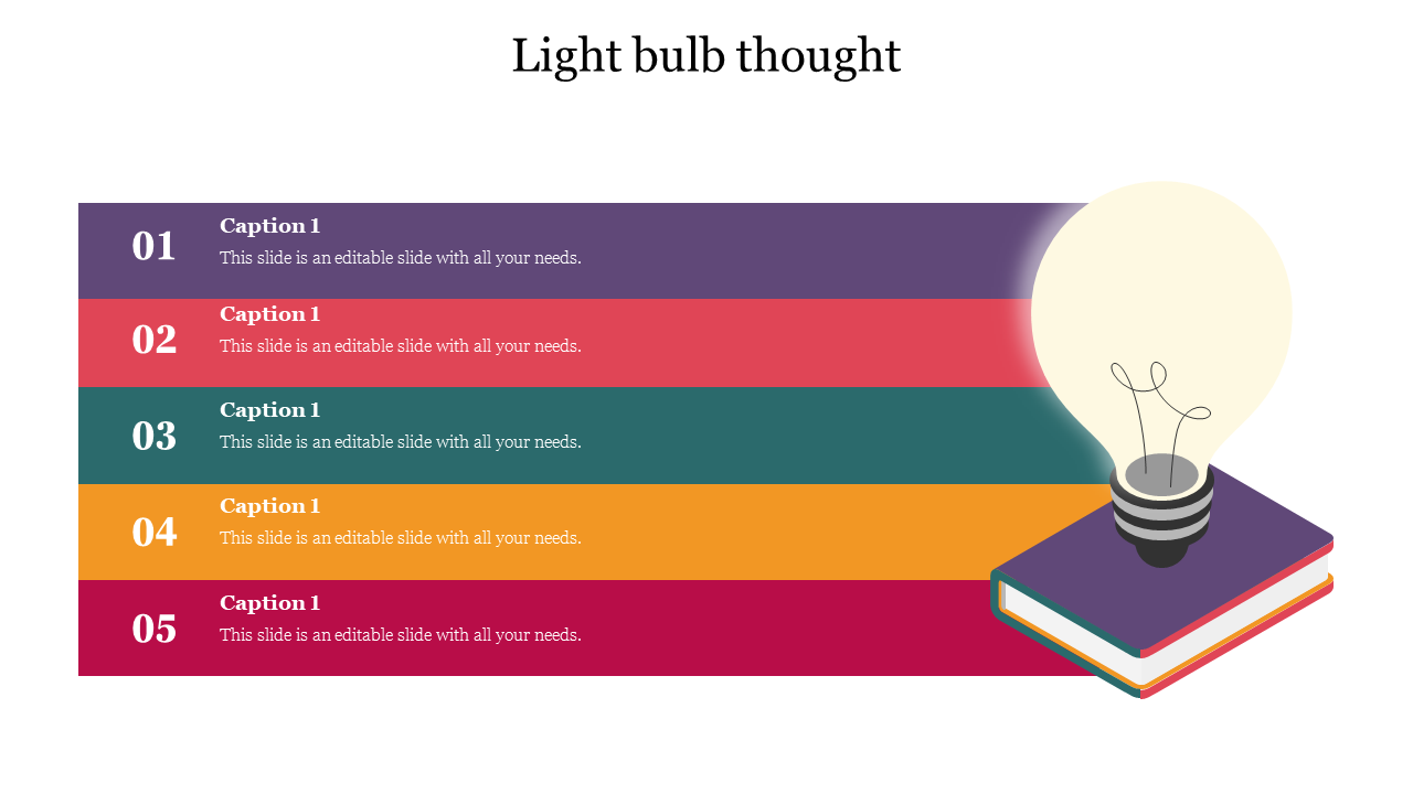 PowerPoint slide featuring a light bulb and stacked books, with sections for adding text and ideas in colorful blocks.