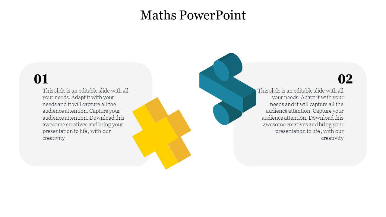 Maths PowerPoint slide with 3D plus and division symbols alongside text boxes numbered 01 and 02.