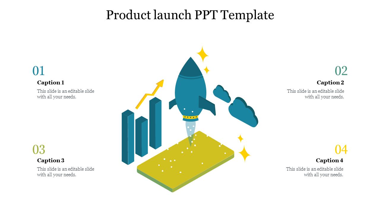 PowerPoint slide with a rocket launching over a bar chart, surrounded by clouds and sparkles, with sections for adding text.