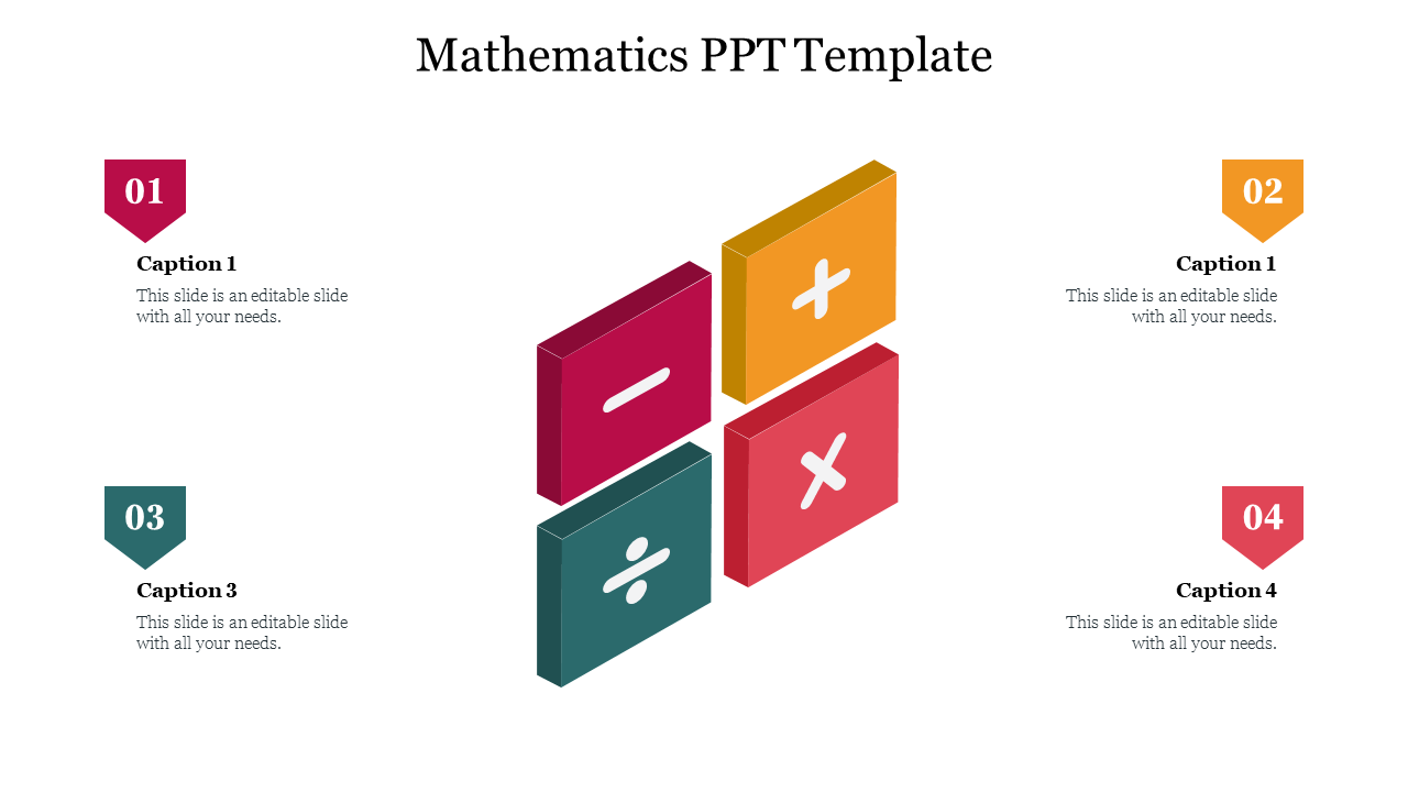 Mathematics-themed design with 3D symbols for basic operations and labeled sections for captions areas.