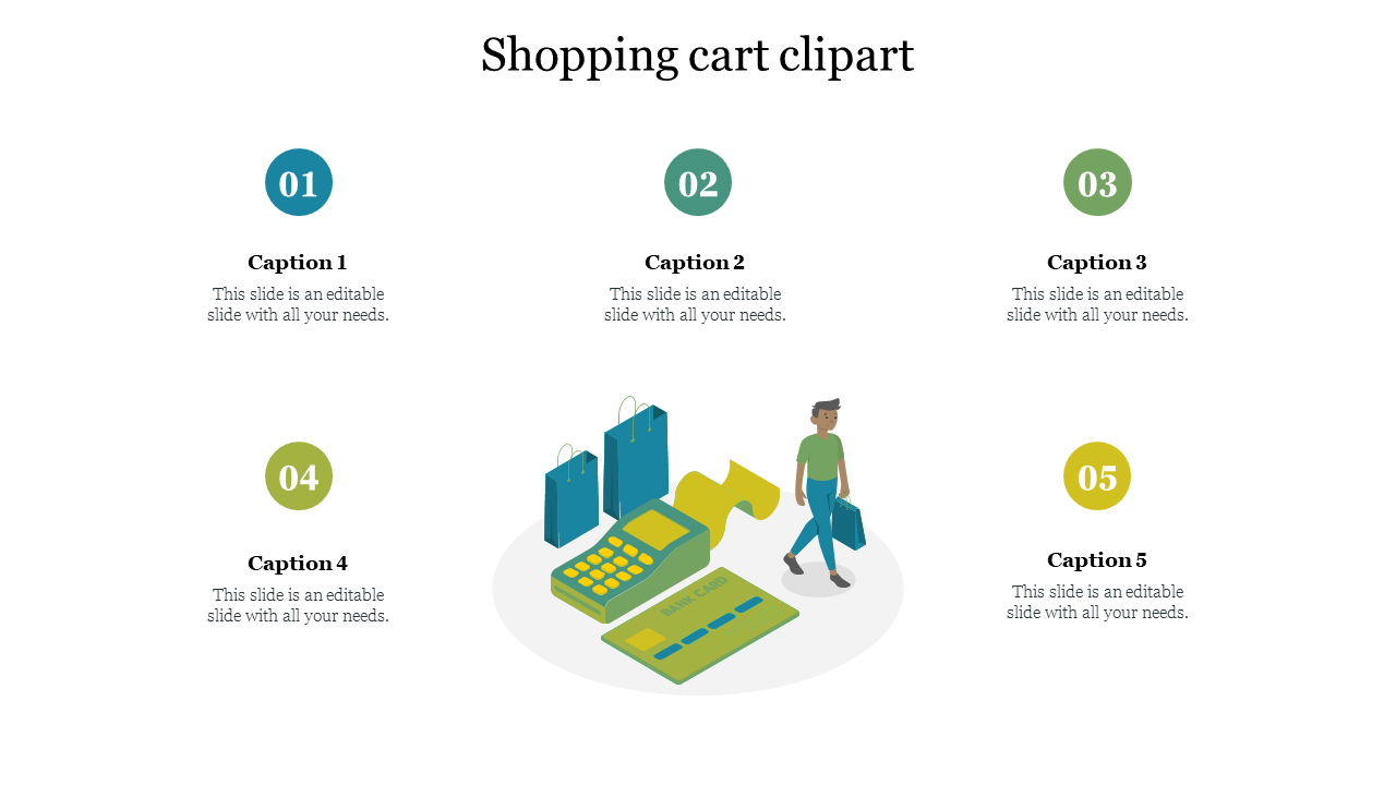 Shopping cart clipart slide featuring a person carrying shopping bags, a calculator, and a credit card with captions.