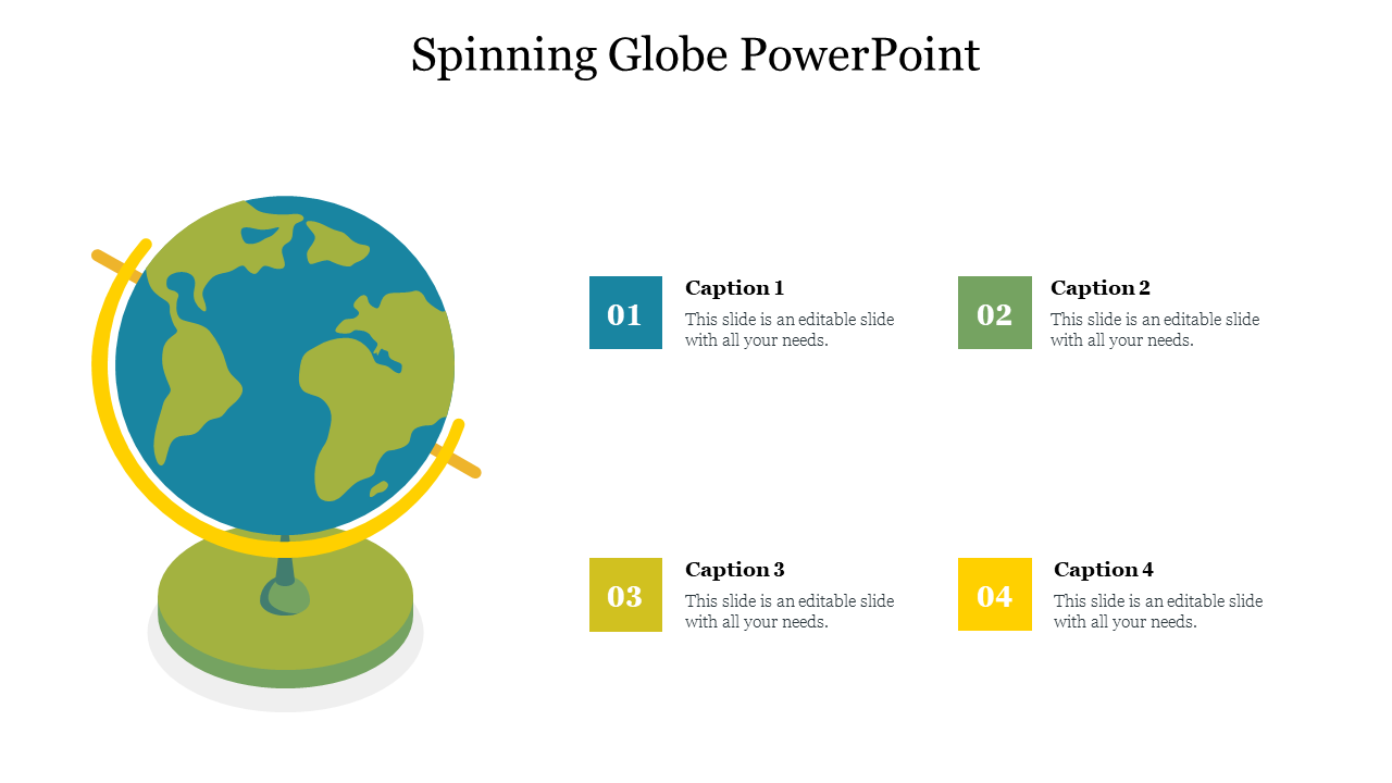 Globe illustration in green and yellow on the left, with four numbered text boxes aligned on the right.