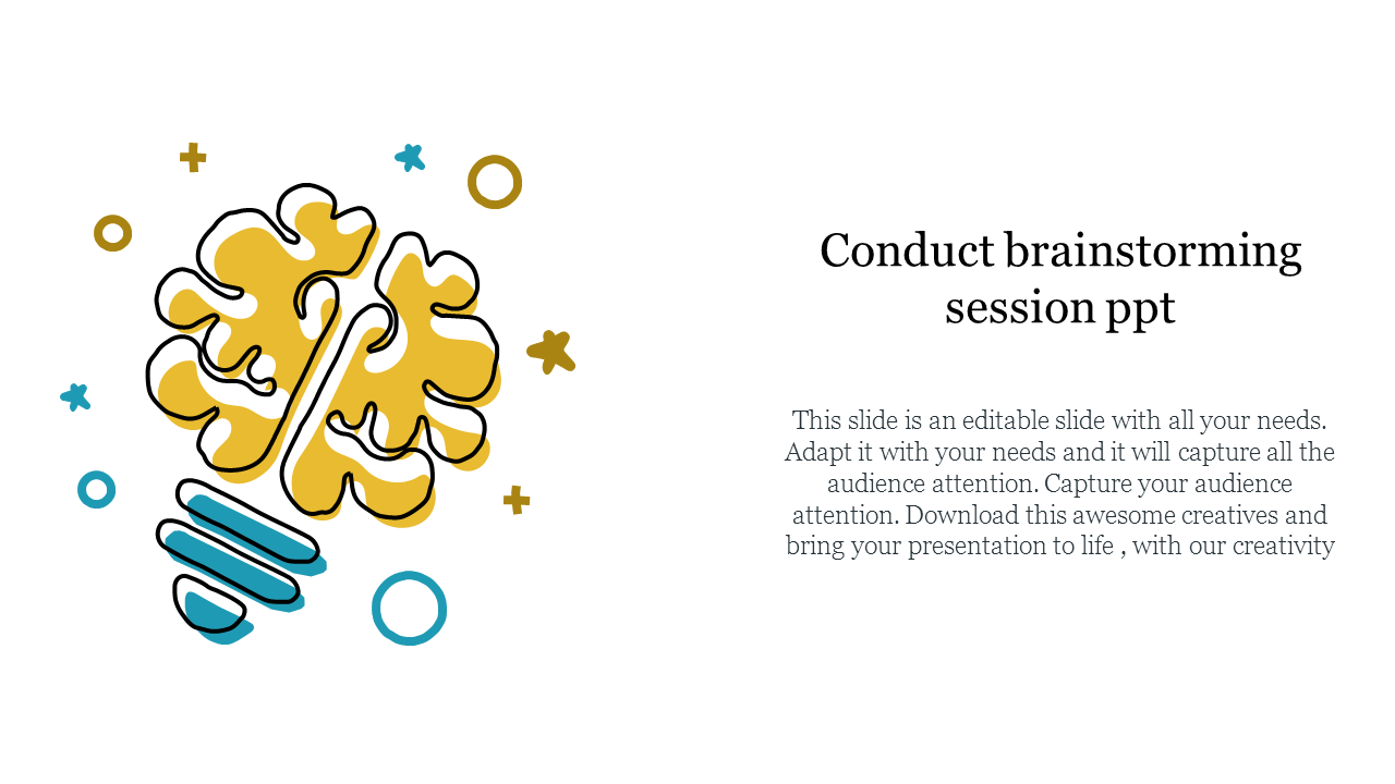 Illustration of a yellow brain shaped like a light bulb with icons, alongside text about brainstorming on a white background.