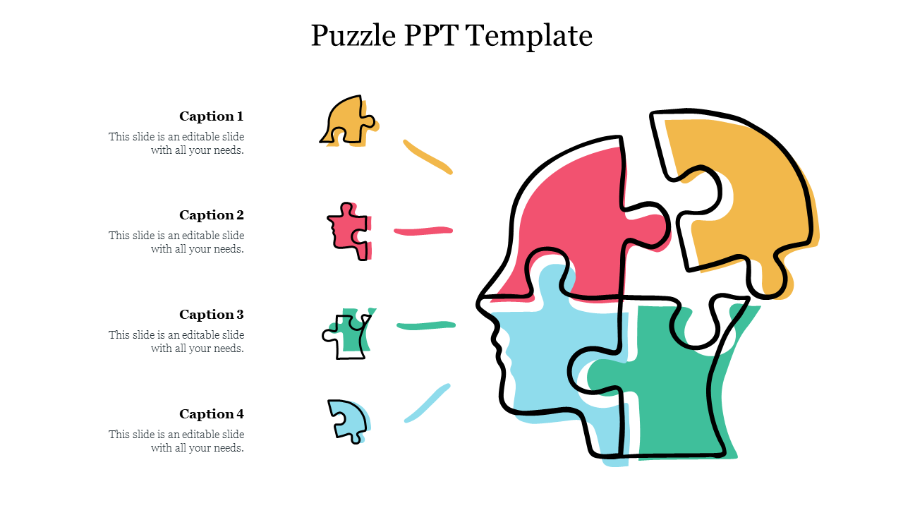 Human head outline composed of four puzzle pieces, each in different colors, with matching detached pieces and captions.