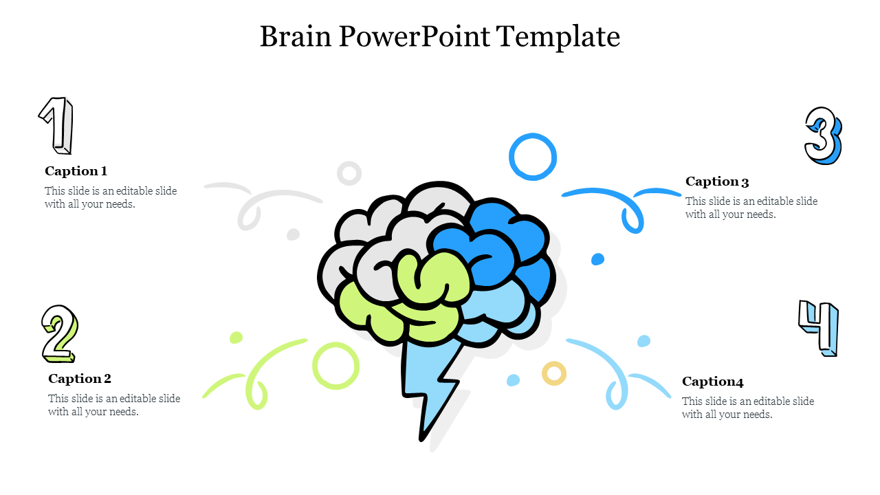 Colorful brain PowerPoint template with four numbered sections for captions.