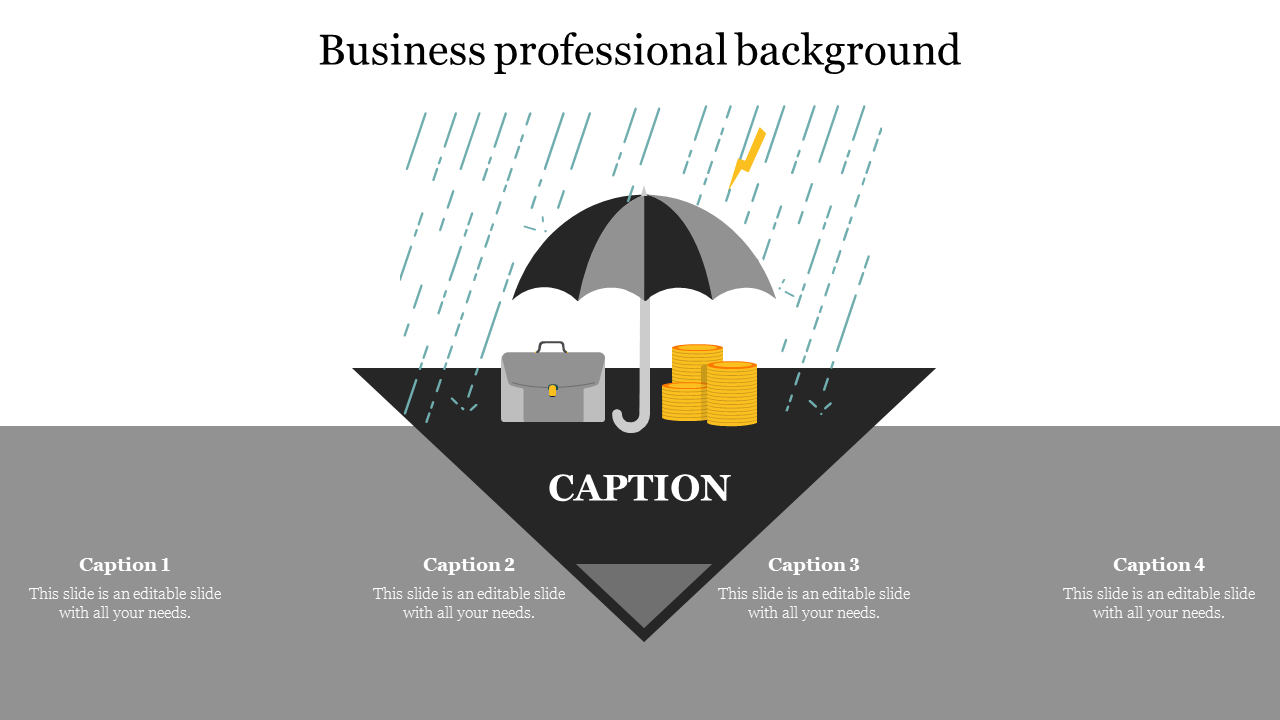 A business themed background PPT slide featuring an umbrella, briefcase, and coins, with rain and lightning with captions.