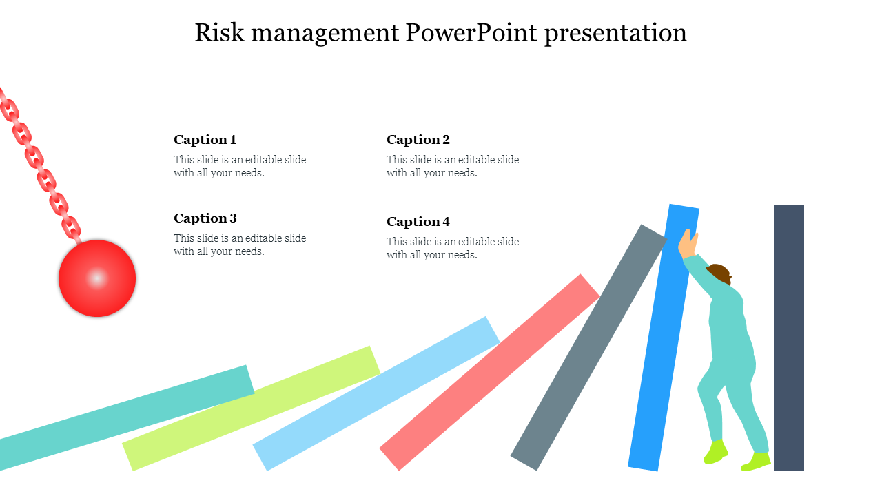 Risk management PowerPoint slide with a chain and ball icon, along with colorful bars and a person climbing them.