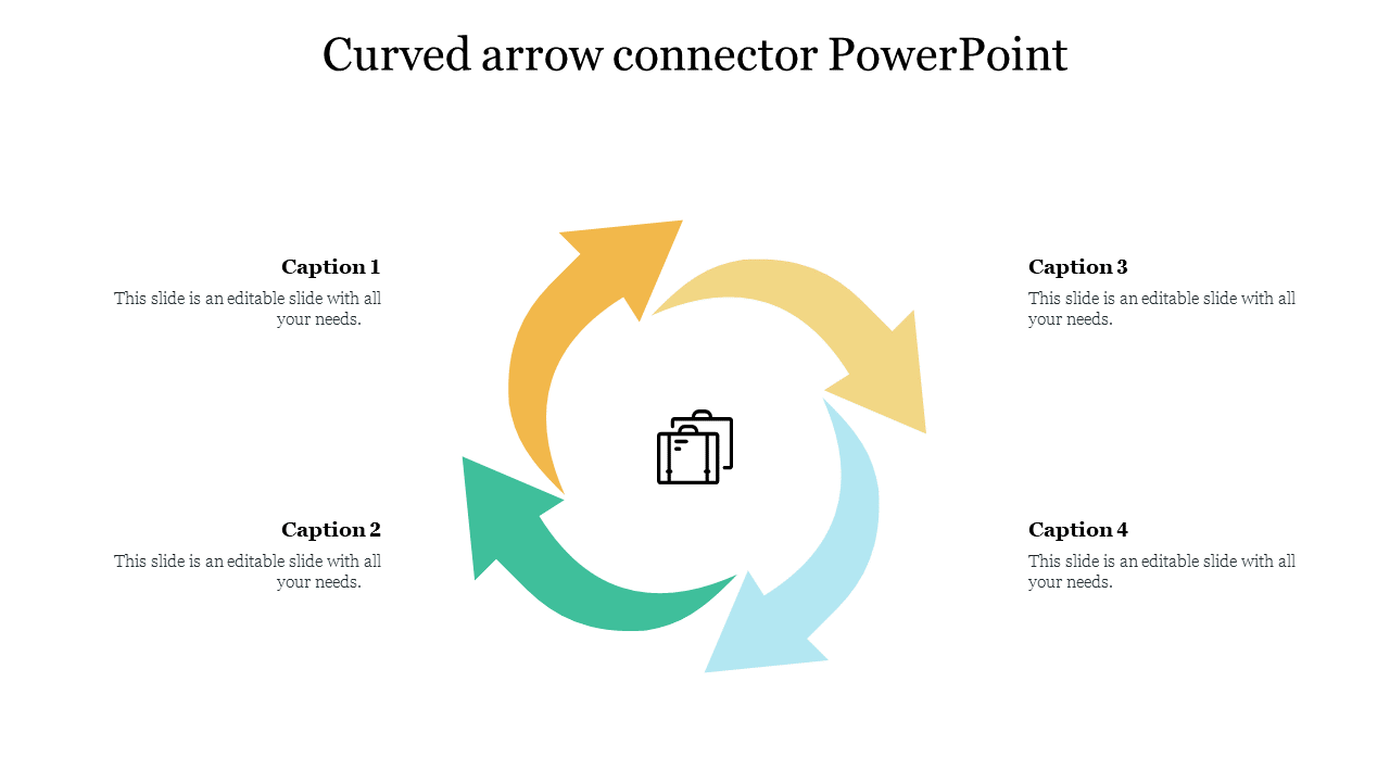 Four curved arrows slide featuring a colored circular flow with space for four captions and a central briefcase icon.