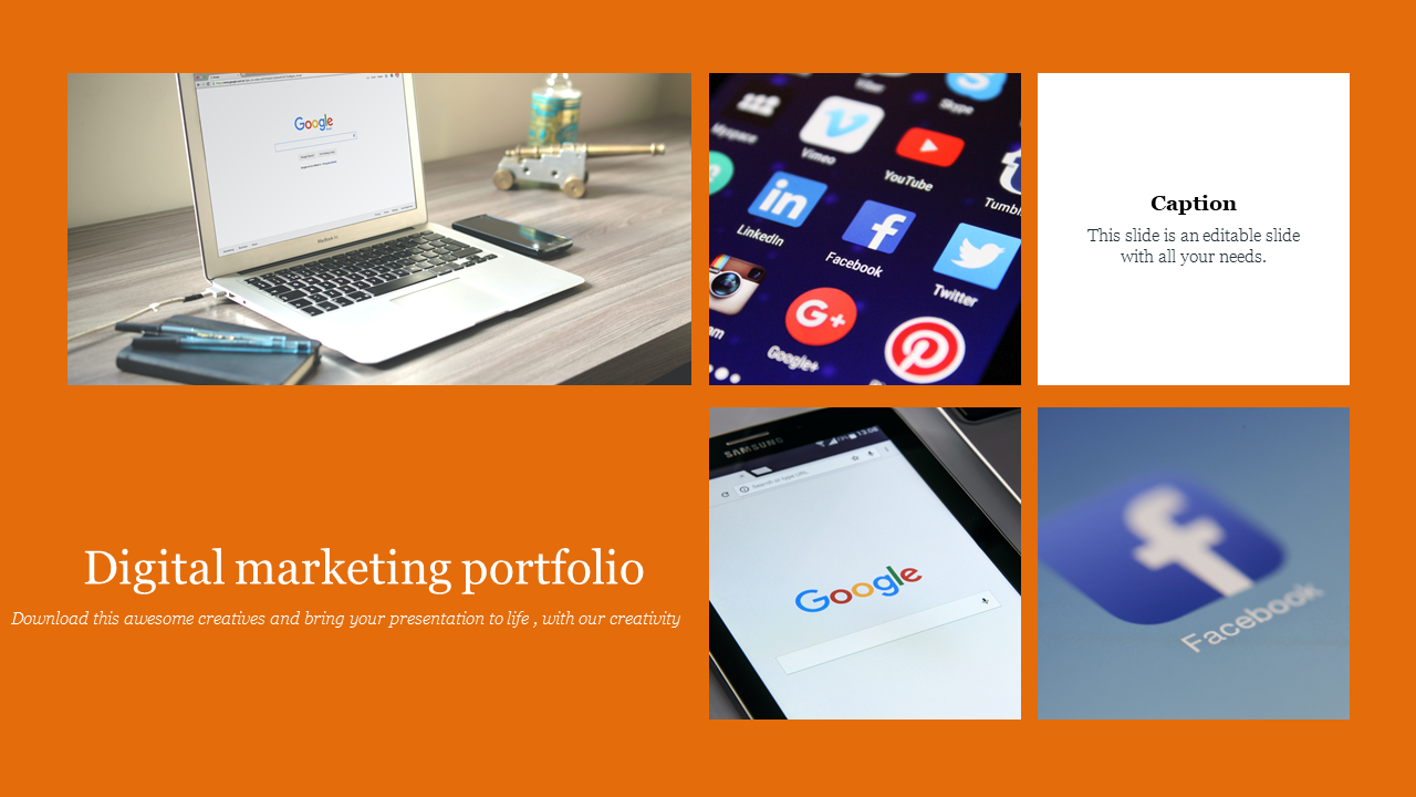 Digital marketing portfolio slide featuring a layout with four images on an orange backdrop.