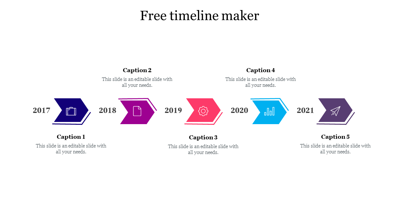 Timeline template with colorful year arrow markers from 2017 to 2021 with icons and captions.