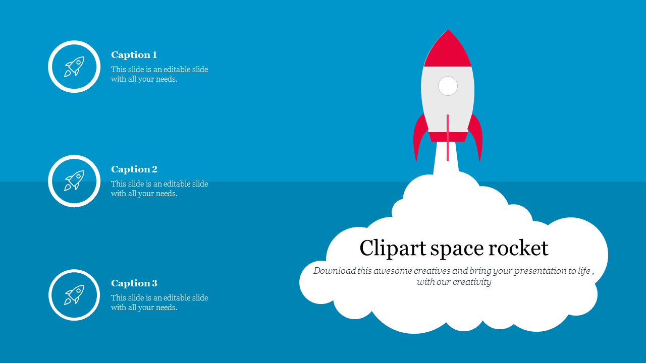 A rocket launching from a cloud, illustrated in clipart style, with a blue background and accompanying text on a blue theme.