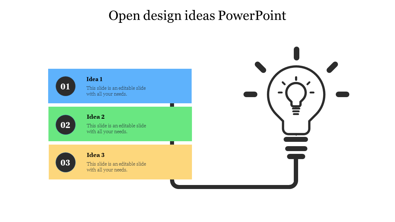 Conceptual lightbulb with three horizontal text boxes in blue, green, and yellow highlighting ideas.