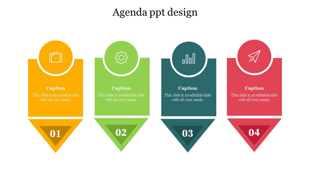 Agenda PowerPoint design showcasing four colorful sections with icons and captions for step by step presentation flow.