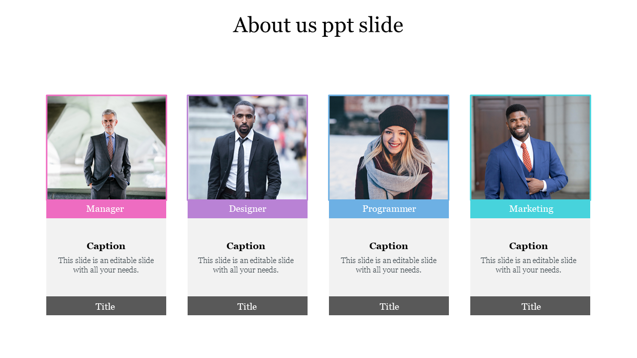 About us slide showing four team member profiles with photos and titles along with caption areas below each.