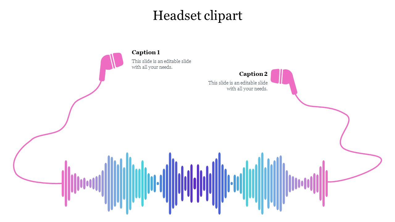 Headset clipart with pink earbuds connected by a cable, and sound wave graphics in blue and purple shades.