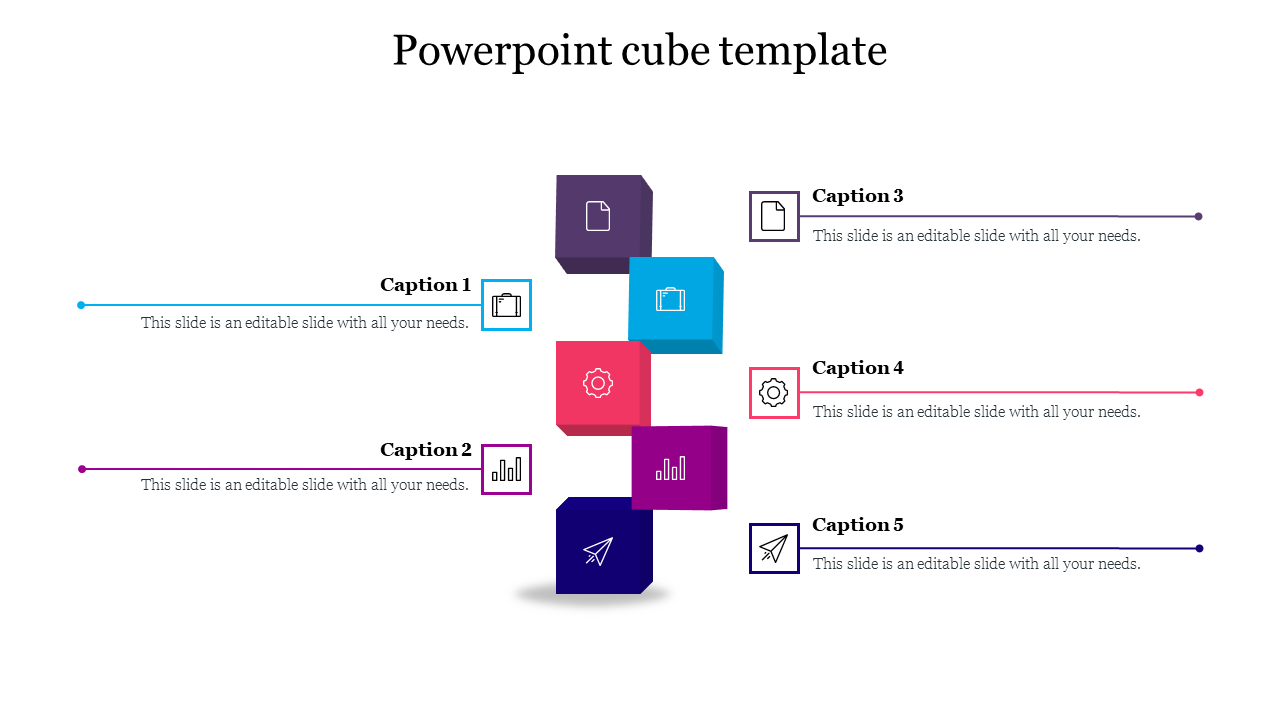 PowerPoint slide with five colorful 3D cubes, each representing different sections and icons.