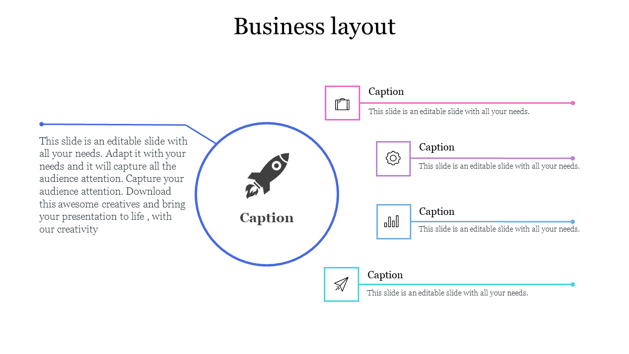 Business layout PPT slide with a central rocket icon and four surrounding icons for various business concepts.