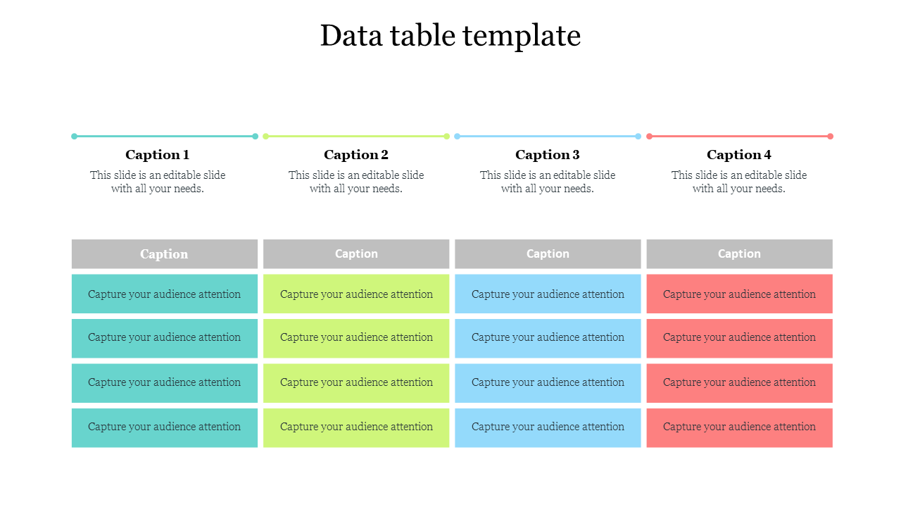 Colorful data table with four columns, each containing teal, green, blue, and red rows under their respective captions.