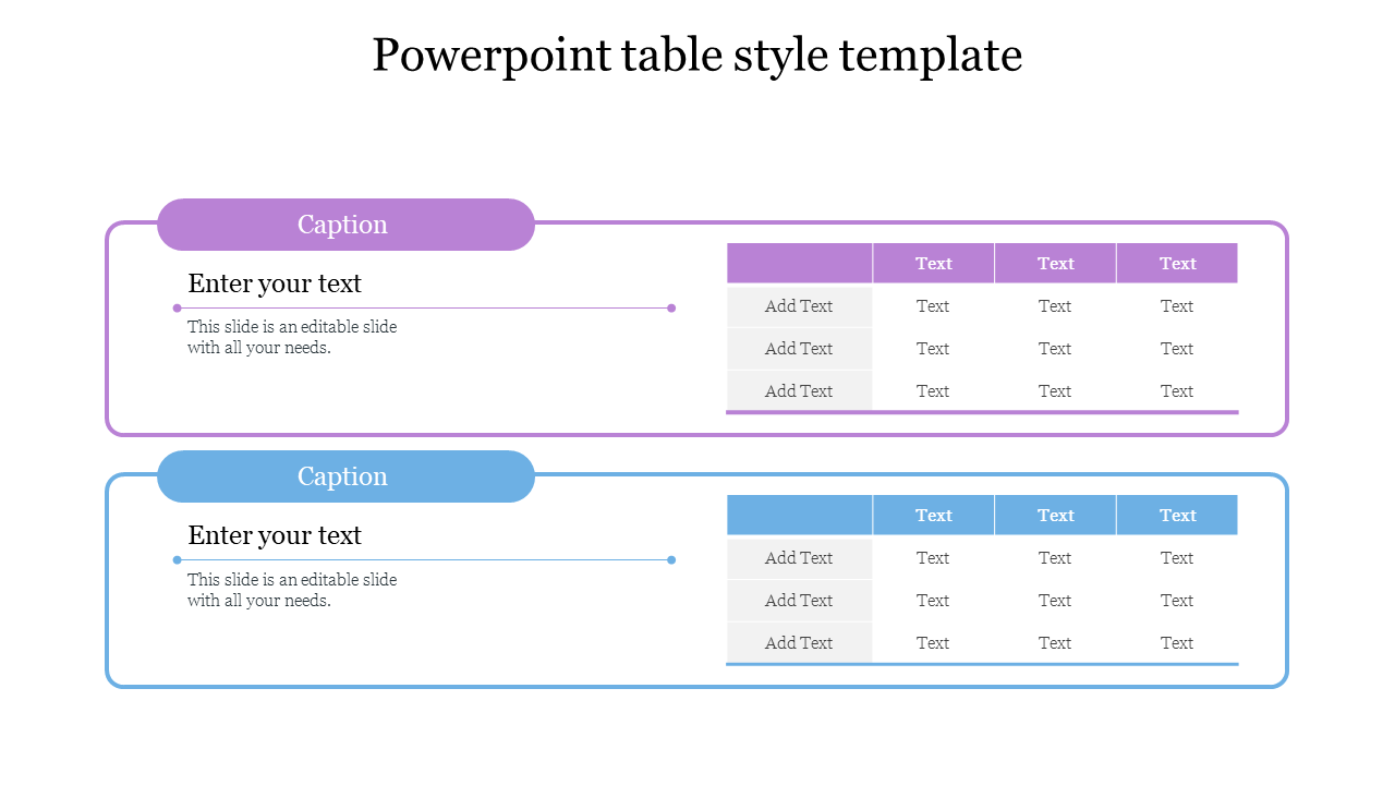 Two horizontal table designs in purple and blue, each with text boxes and grids, aligned on a white background.