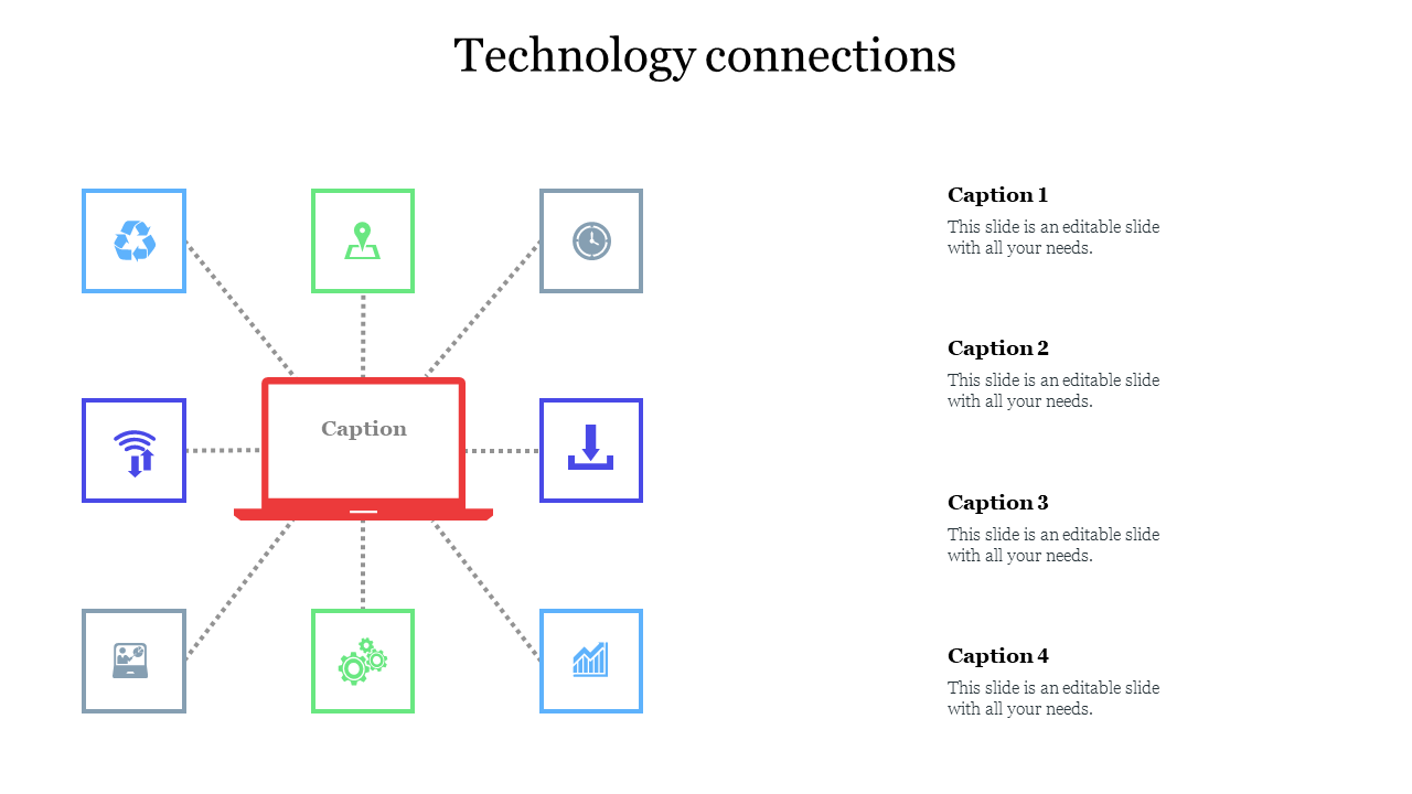 Laptop in the center connected to different technology icons, illustrating multiple tech-related connections.