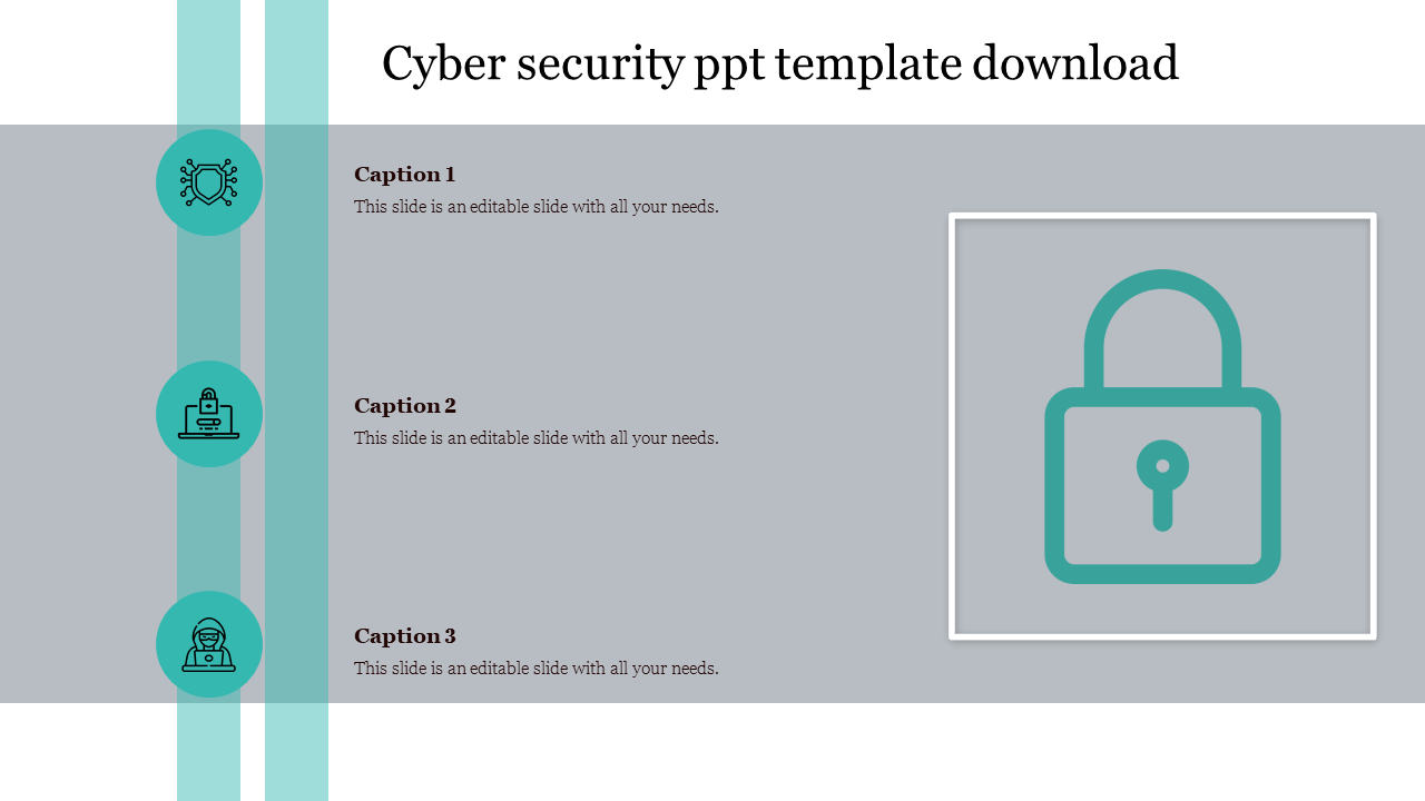 Cybersecurity template with three circular icons and a large lock graphic in green theme, on a gray background.