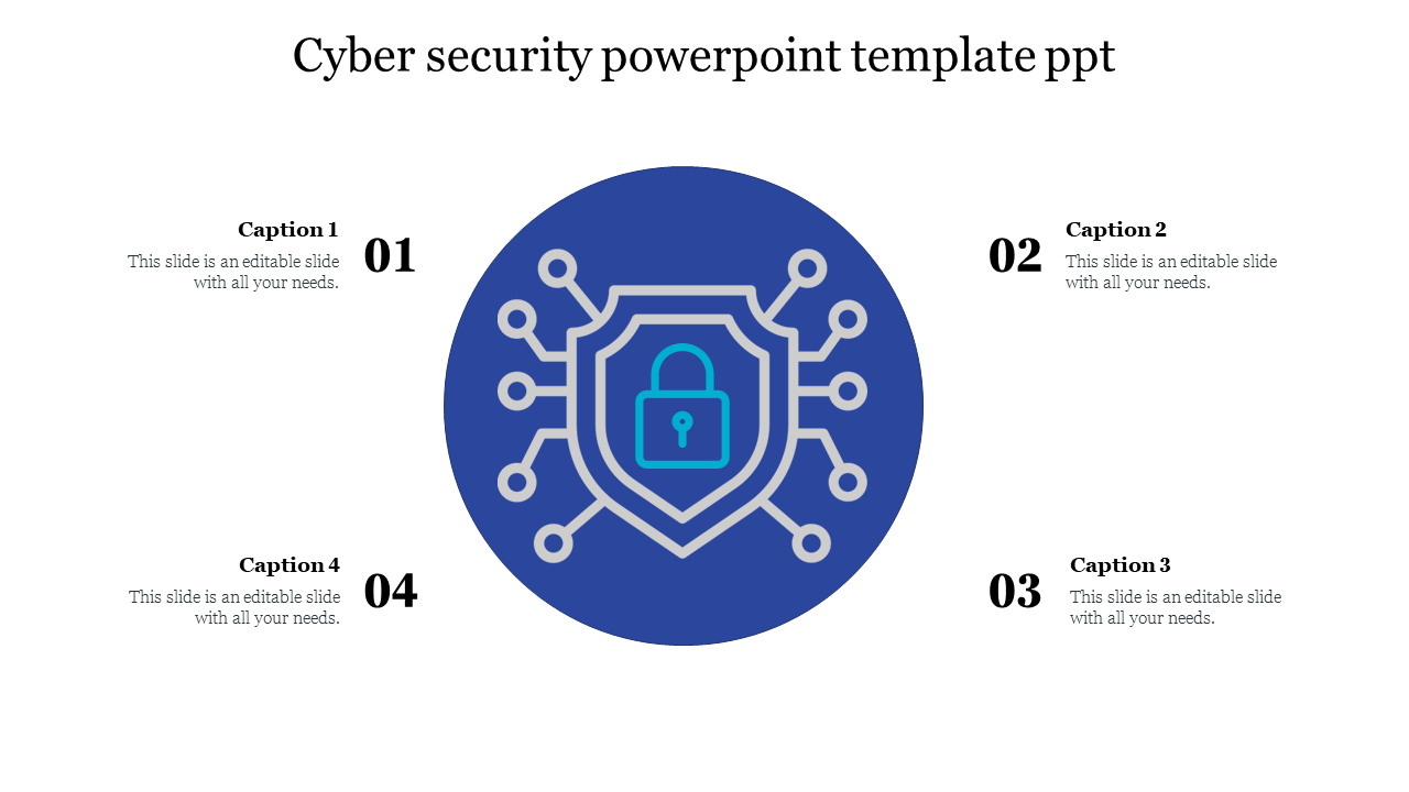 Cyber security slide with a blue circular shield and lock icon in the center, surrounded by four numbered captions.