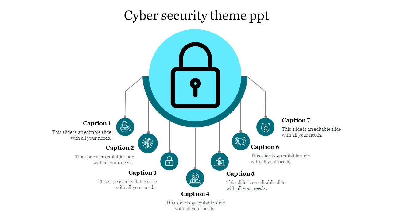 Cyber security themed slide featuring a central padlock icon with eight surrounding sections for captions.