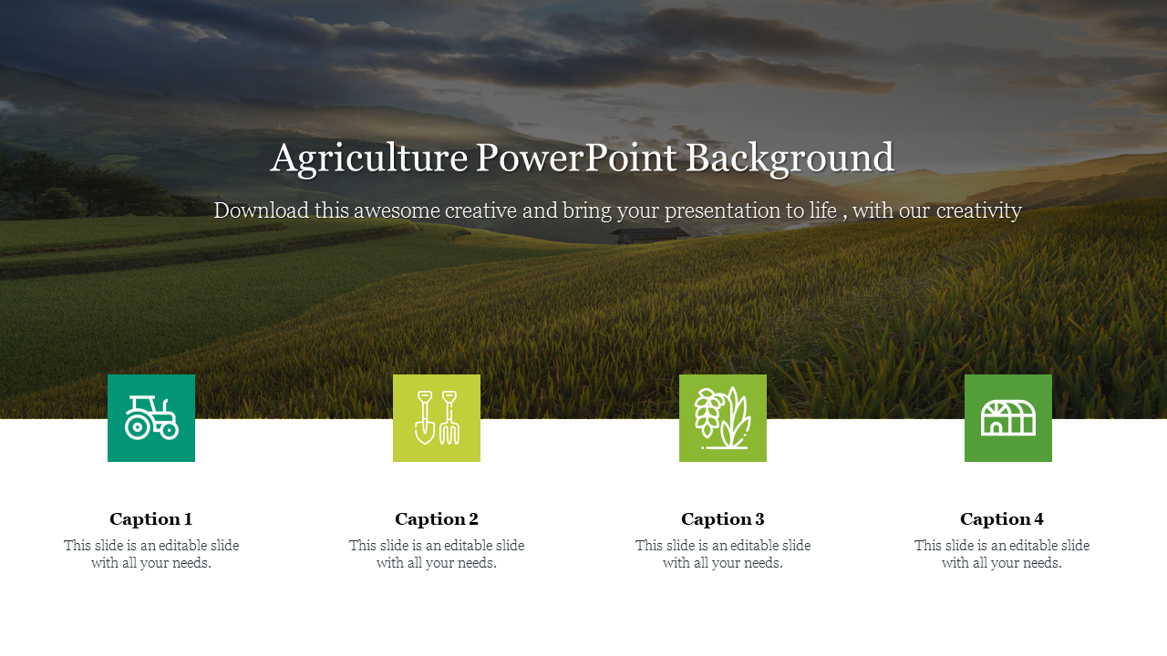 Agricultural landscape featuring overlay text and four icons for farming each with a caption placeholder.